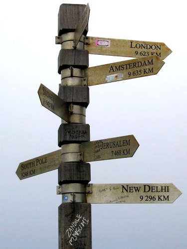 Cape Point sign post showing distances and direction to world cities